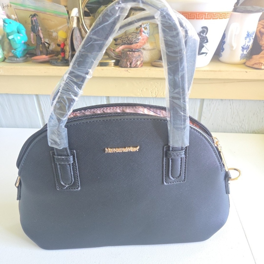MONTANA WEST Handles Purse Clutch Black Womens Handbag New Gold Accents
